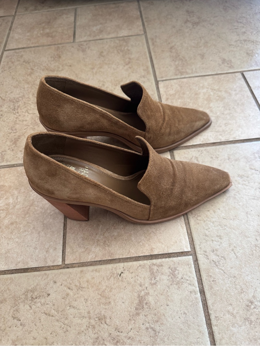 Franco Sarto Tan Suede Pointed-Toe Block Heel Loafers